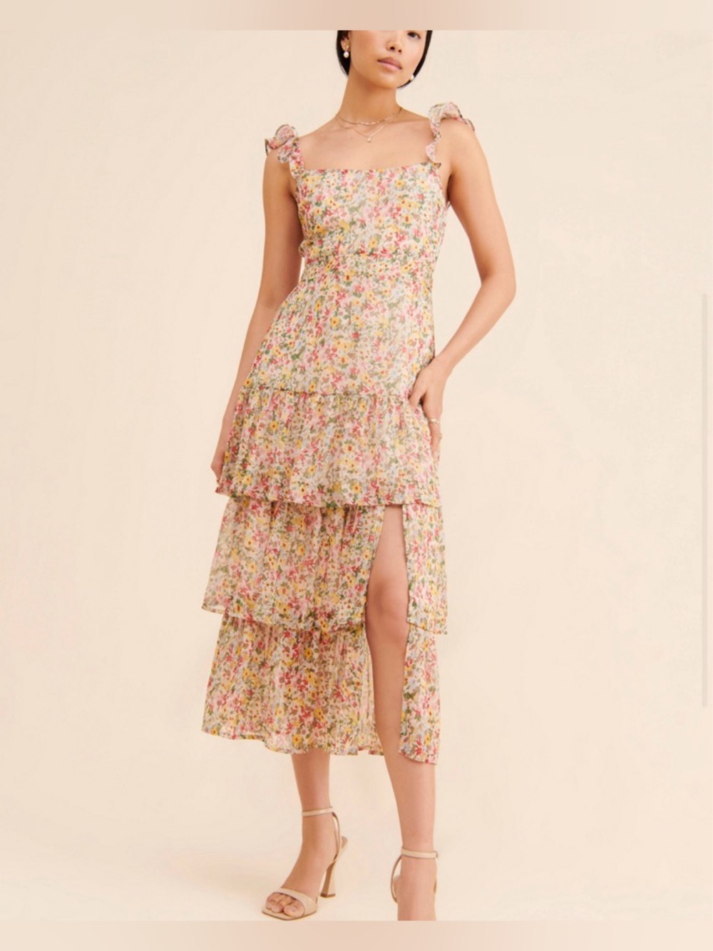 ASTR The Label Women’s Size Small Floral Ruffle Midi Dress Summer Boho Vacation